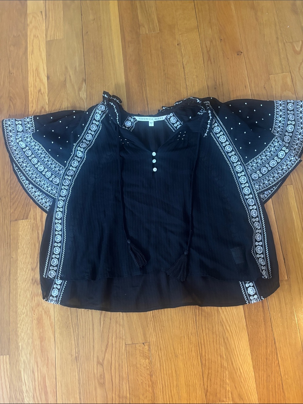 Veronica Beard Black Peasant Tunic with White Embroidery